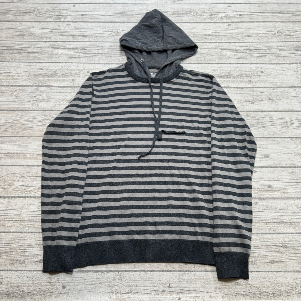 Renuar Hoodie Sweater Men's Medium Gray Black Striped Lightweight Knit Pullover